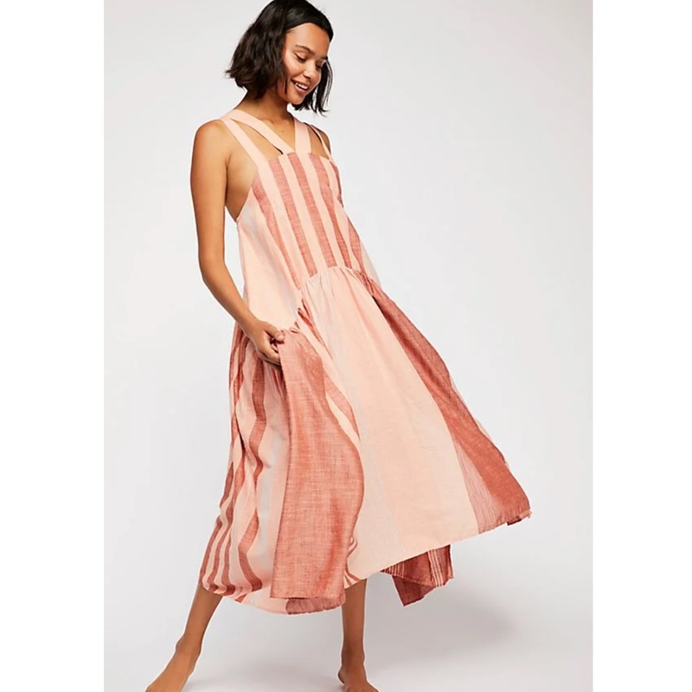 Free People Pink and Rust-Striped Midi Dress